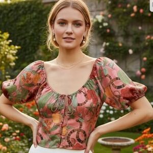 Finders Keepers Elisa Floral Puff Sleeve Blouse - Pink and Green